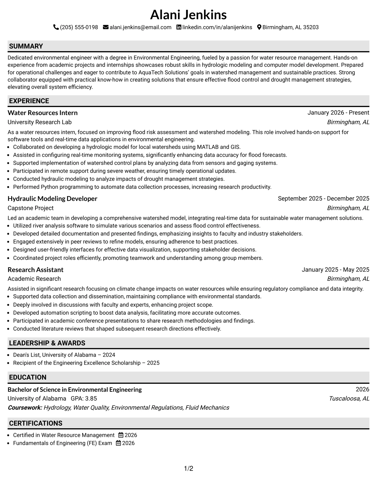 Resume Example Page 1