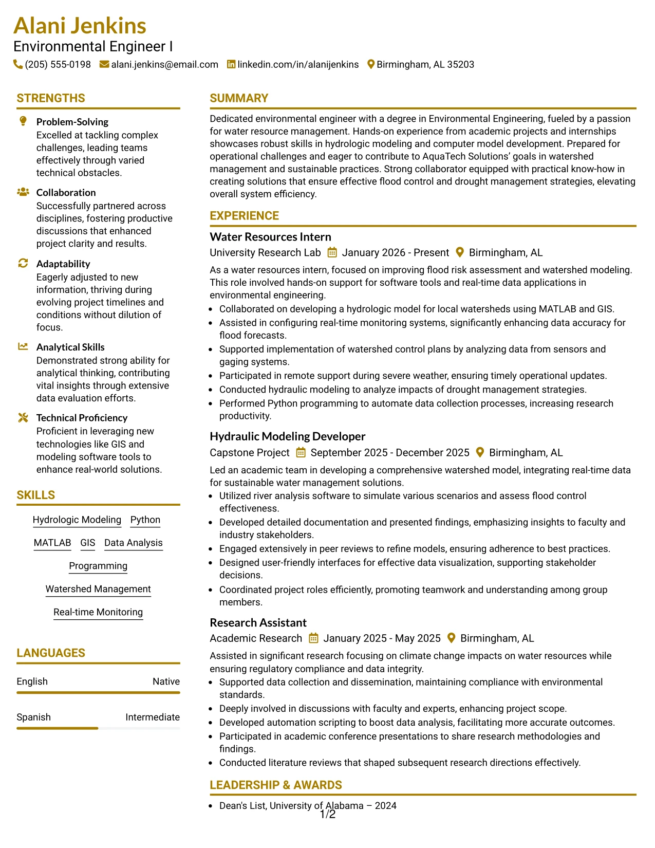 Resume Example Page 1