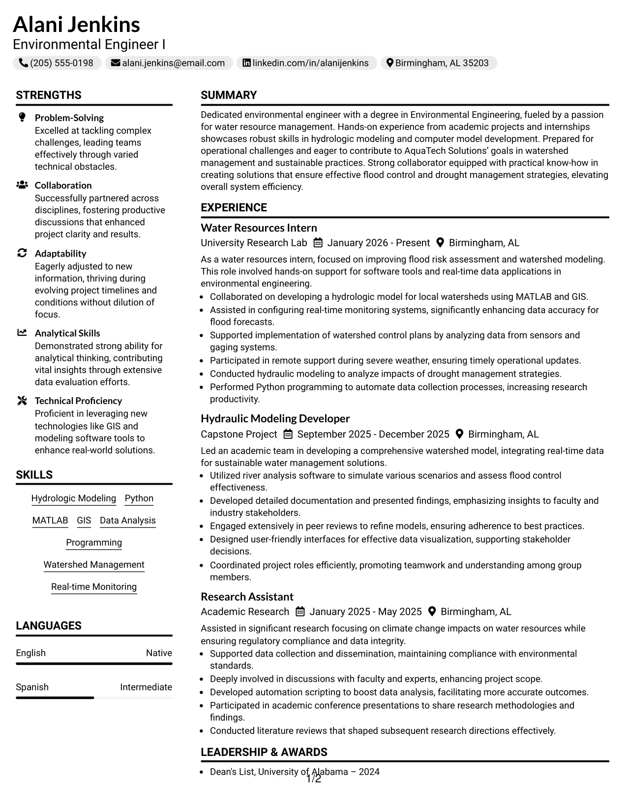 Resume Example Page 1