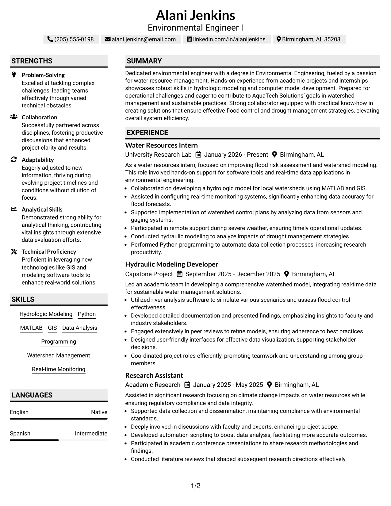 Resume Example Page 1
