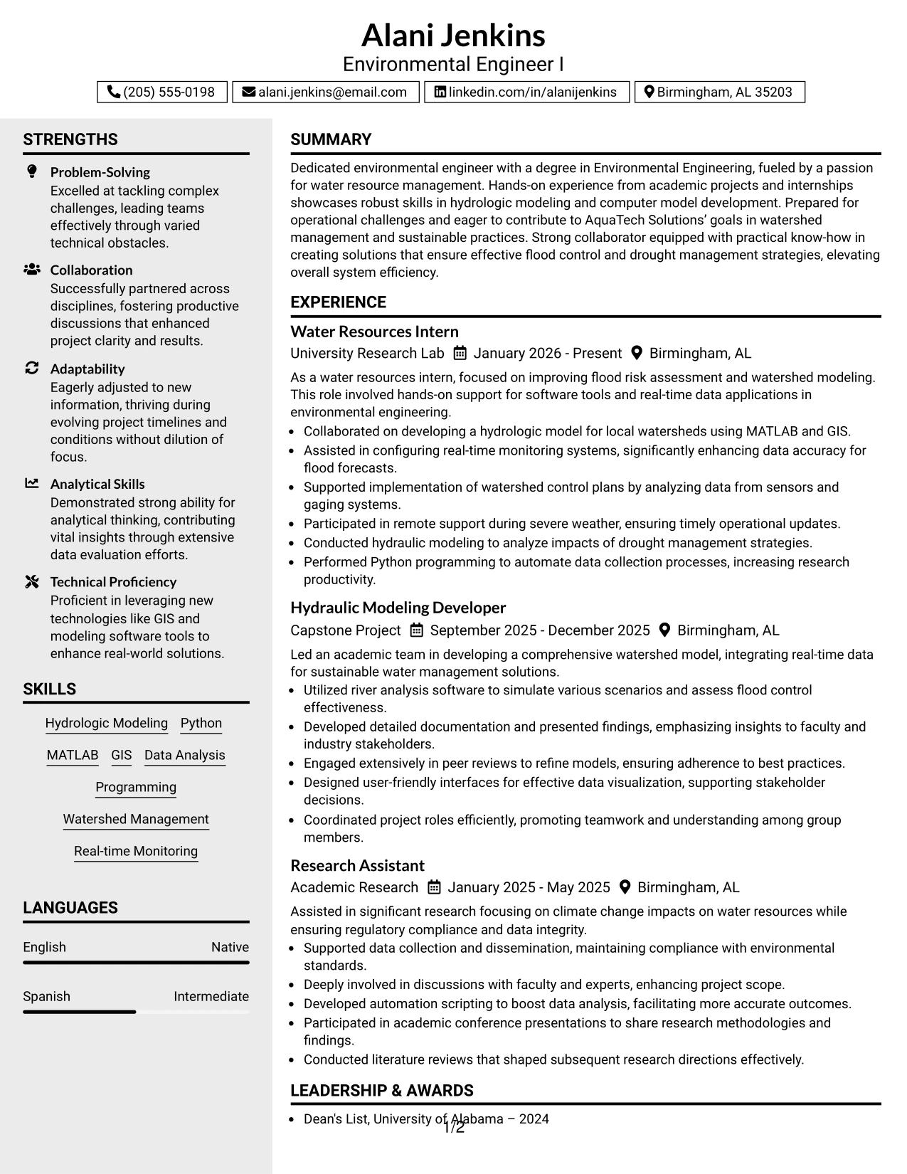 Resume Example Page 1