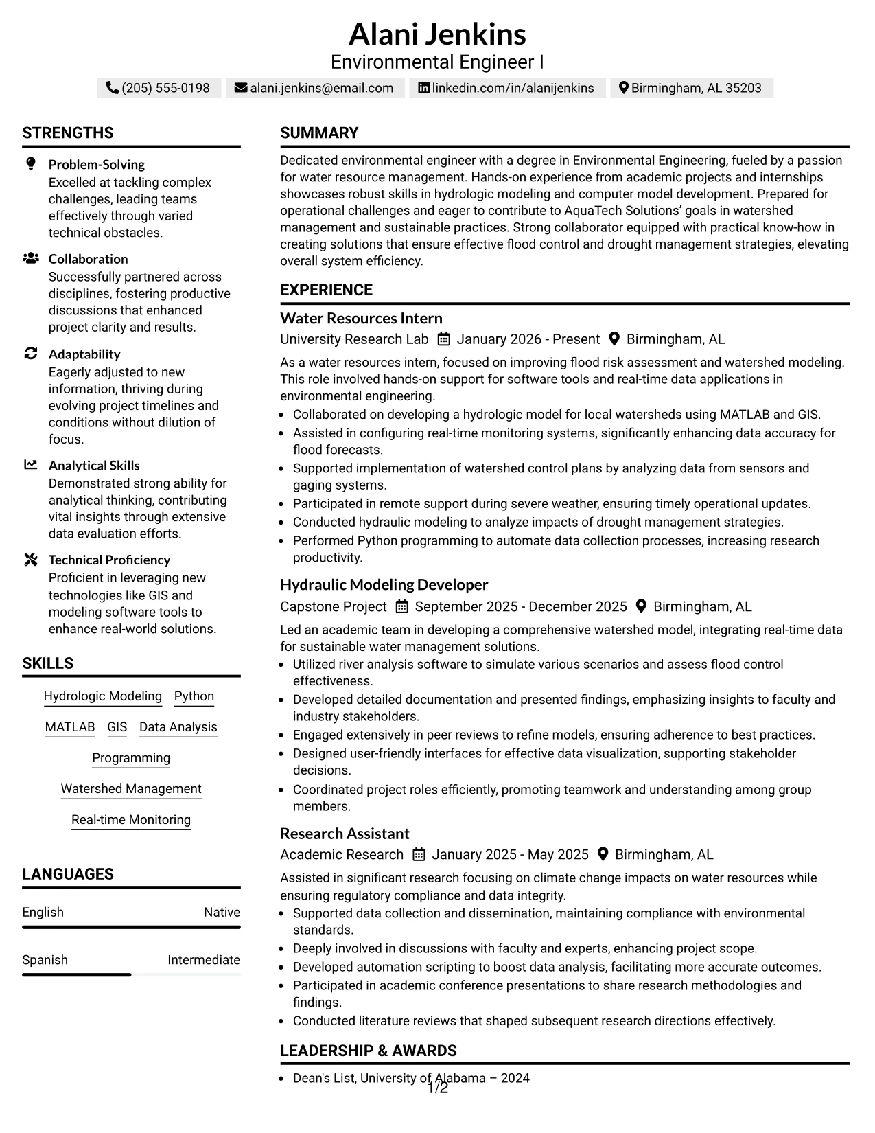 Resume Example Page 1