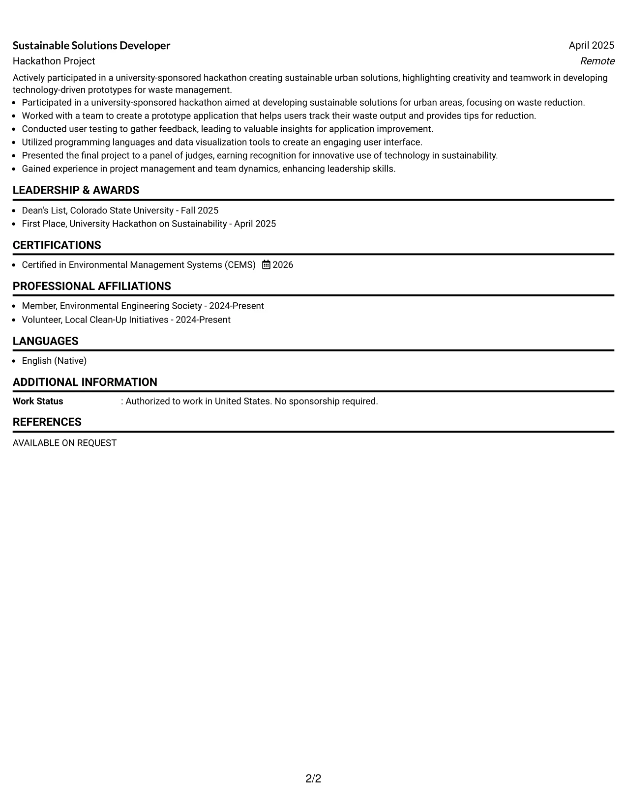 Resume Example Page 2