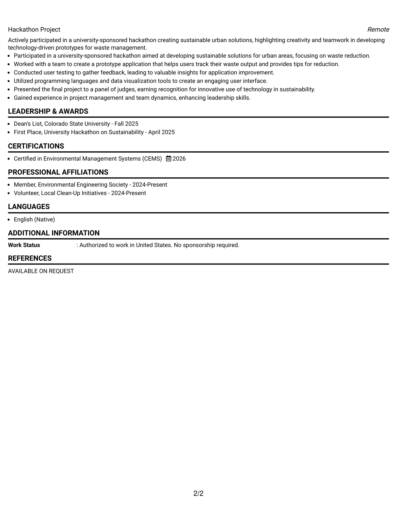 Resume Example Page 2