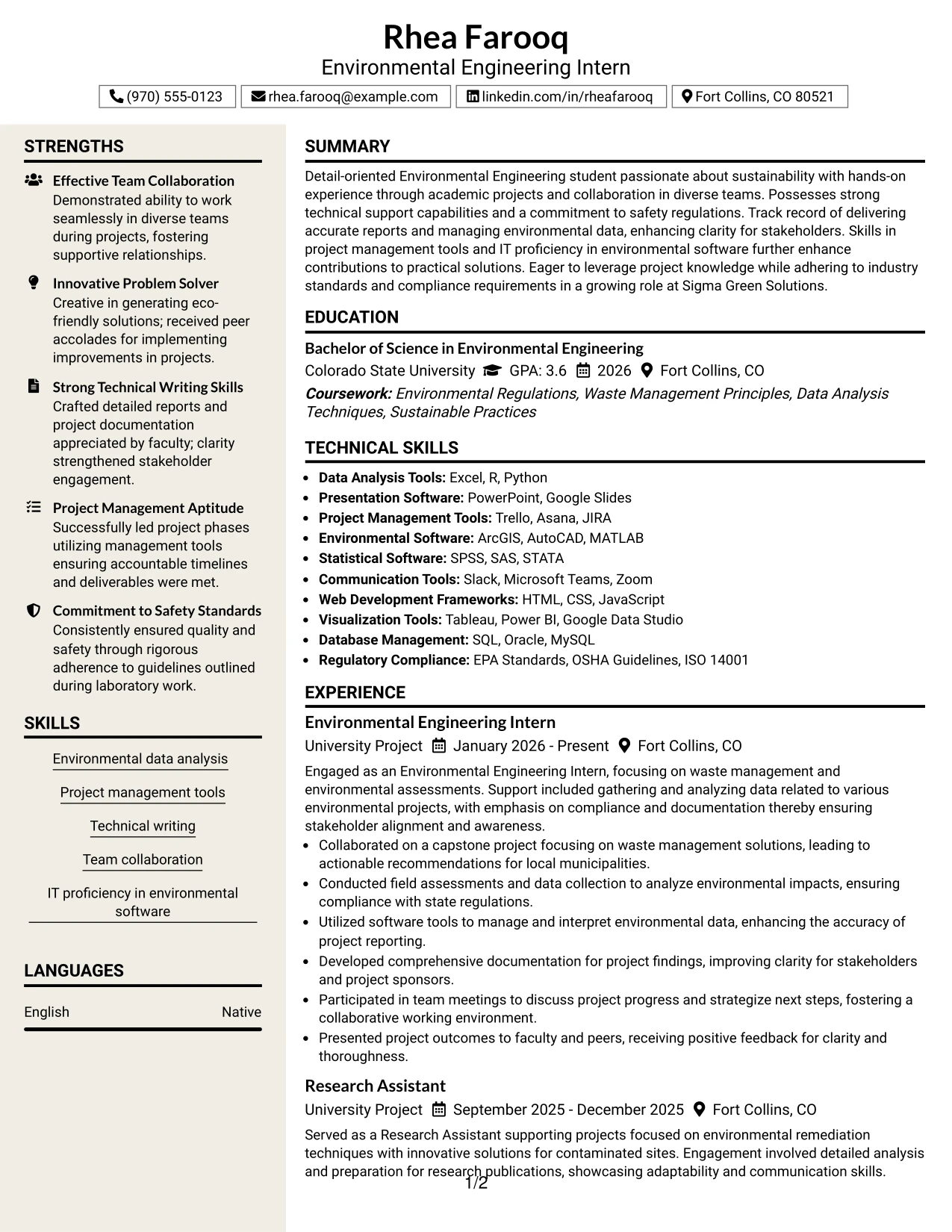 Resume Example Page 1