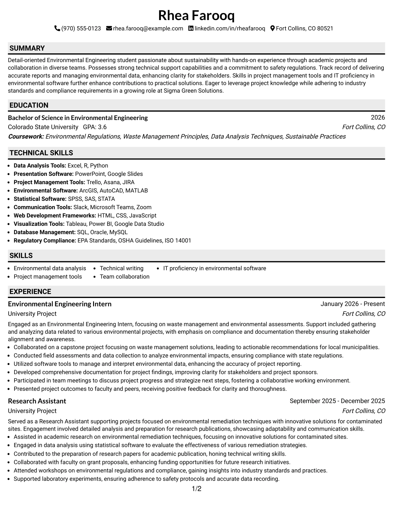 Resume Example Page 1