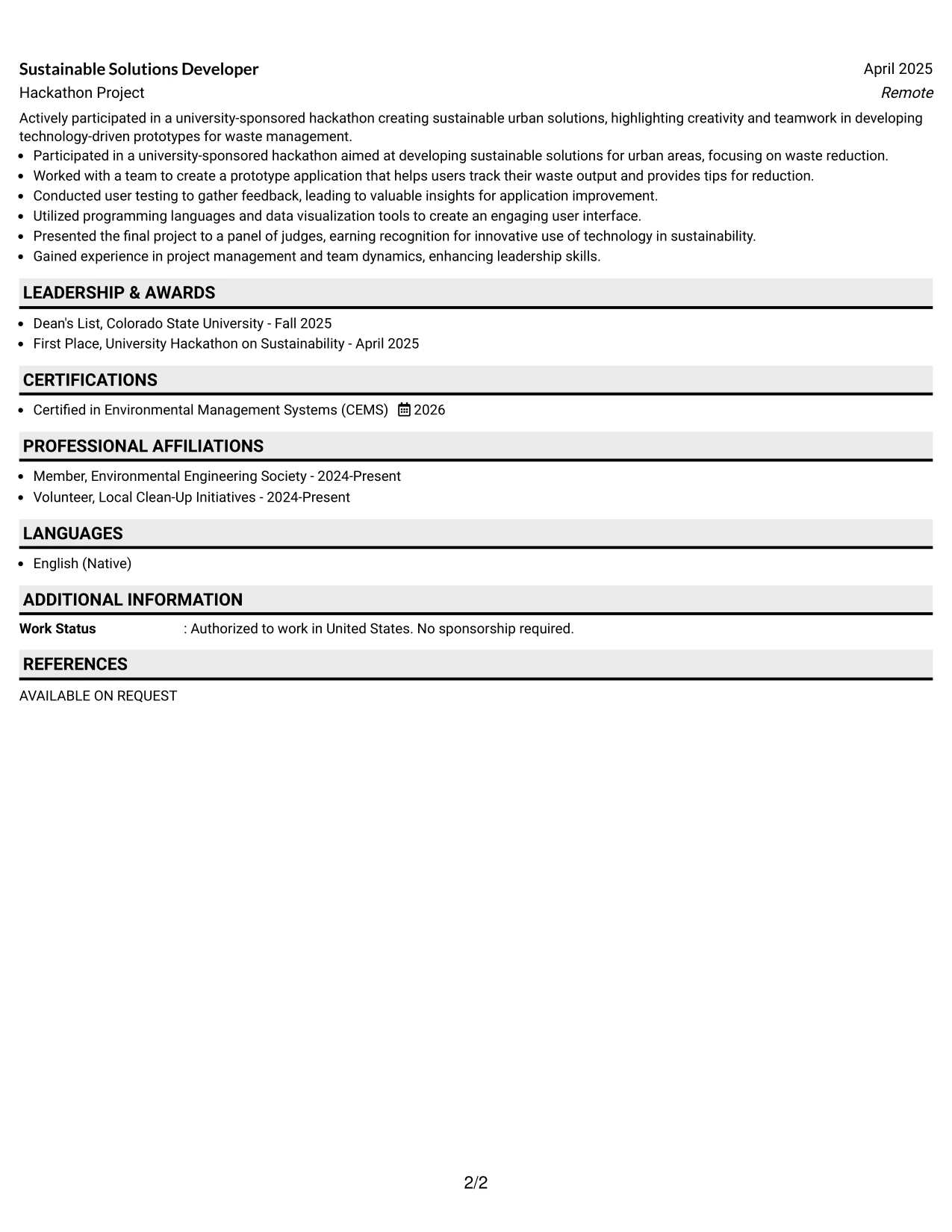 Resume Example Page 2
