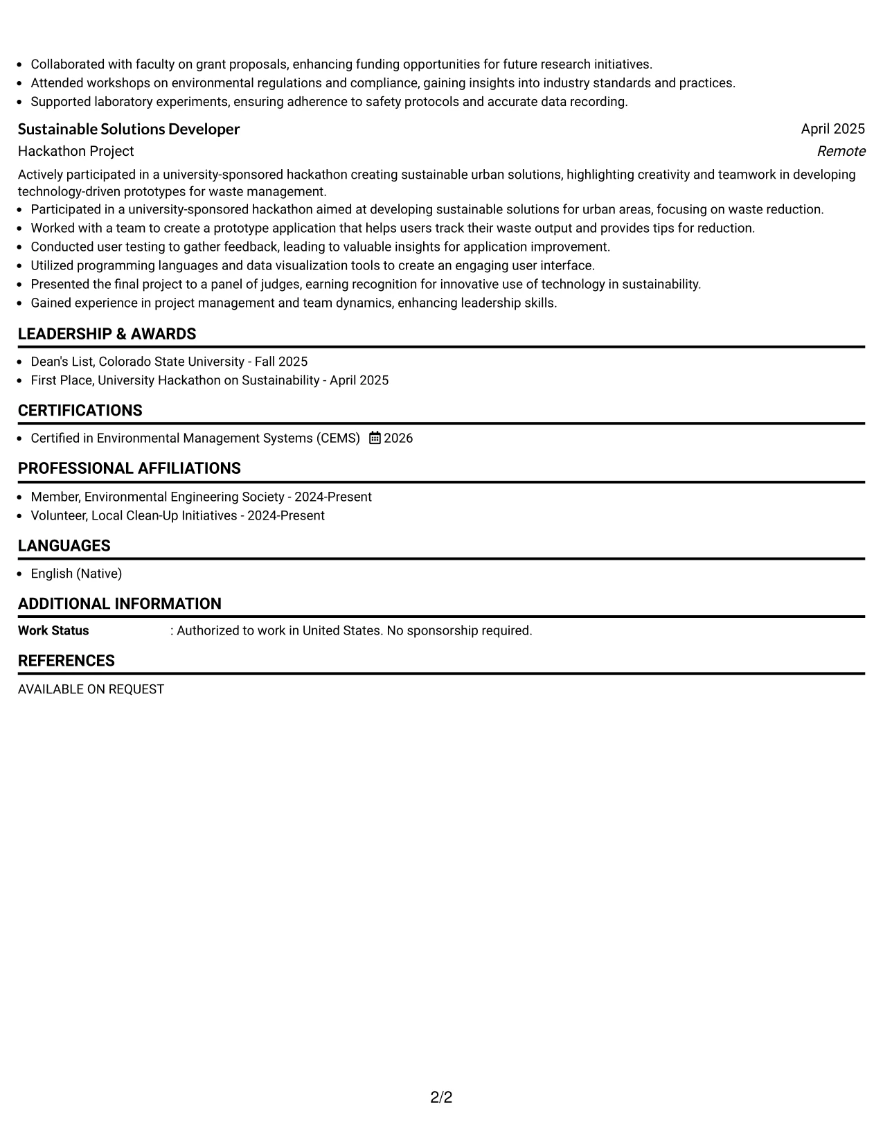 Resume Example Page 2
