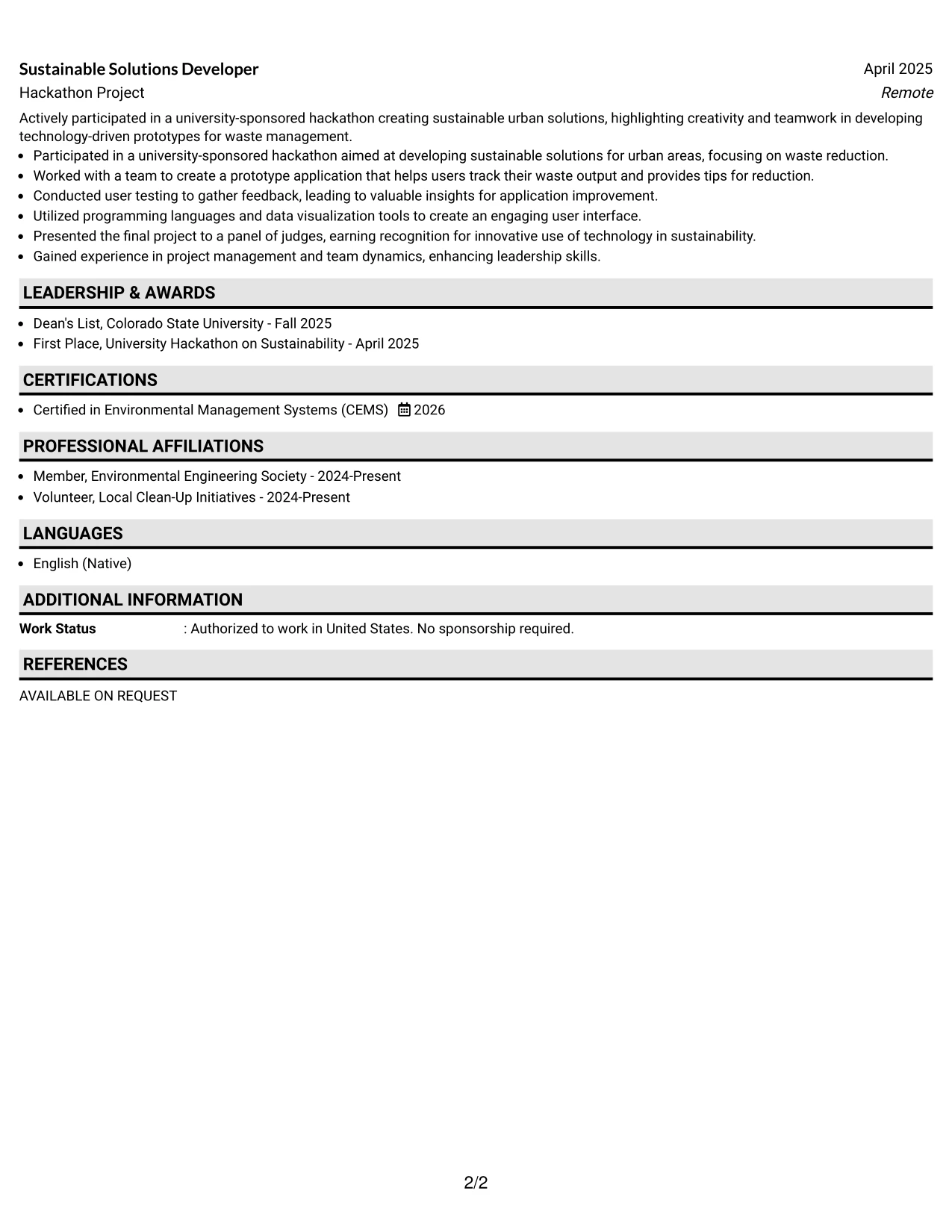 Resume Example Page 2