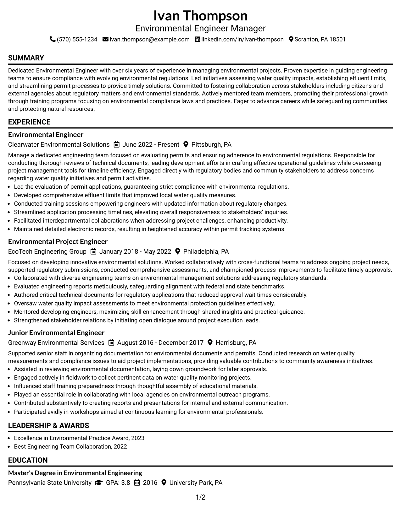 Resume Example Page 1