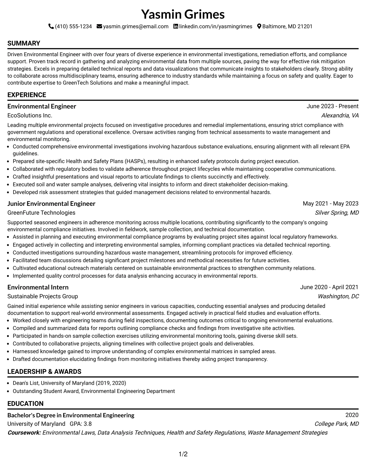 Resume Example Page 1