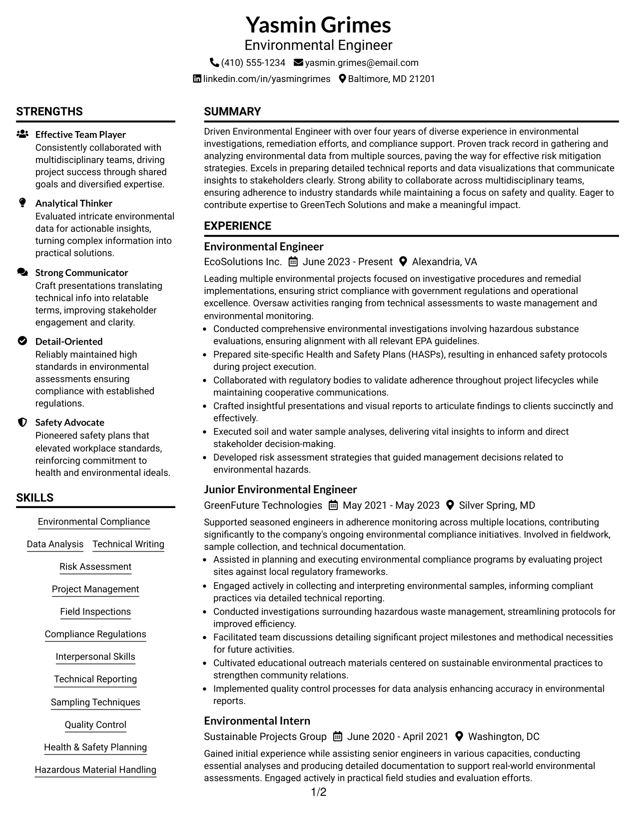 Resume Example Page 1