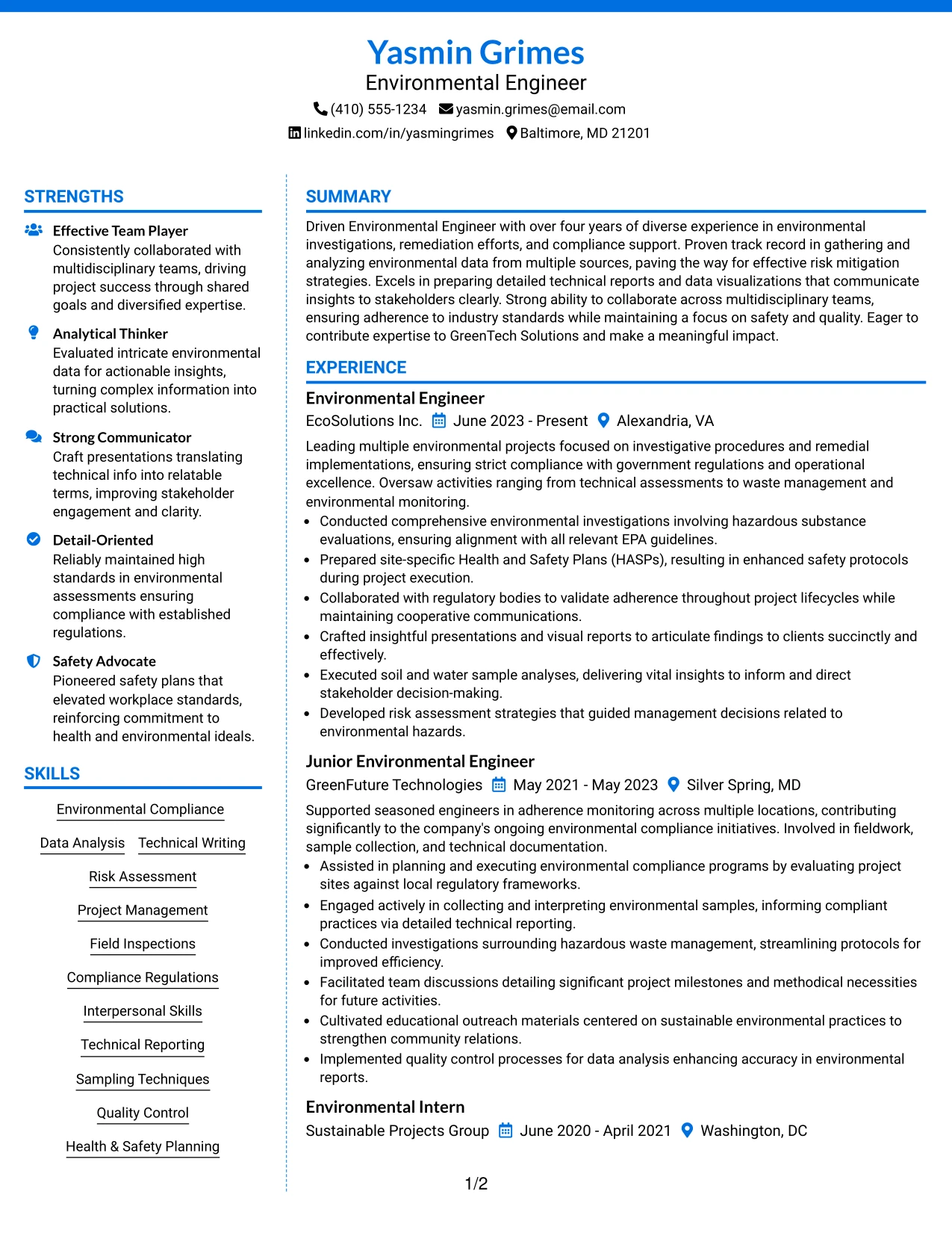 Resume Example Page 1