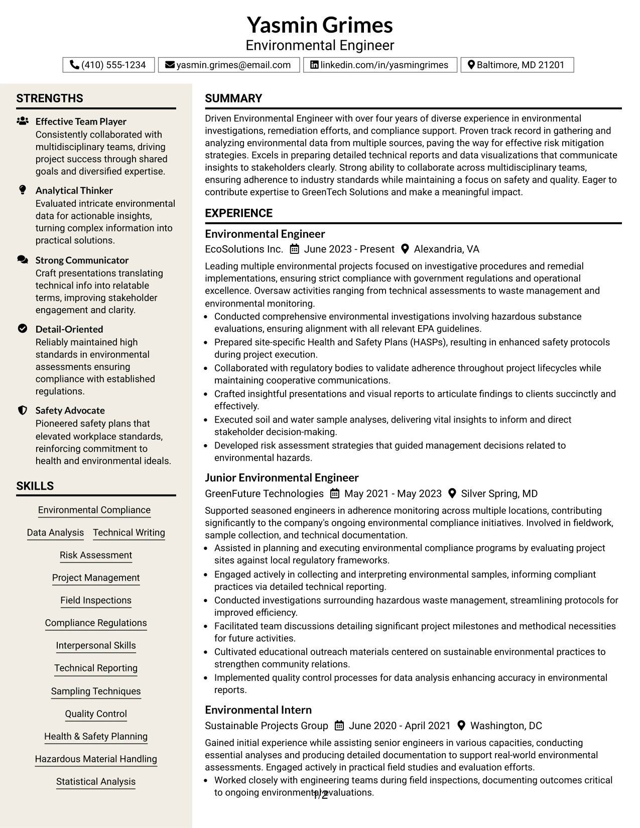 Resume Example Page 1