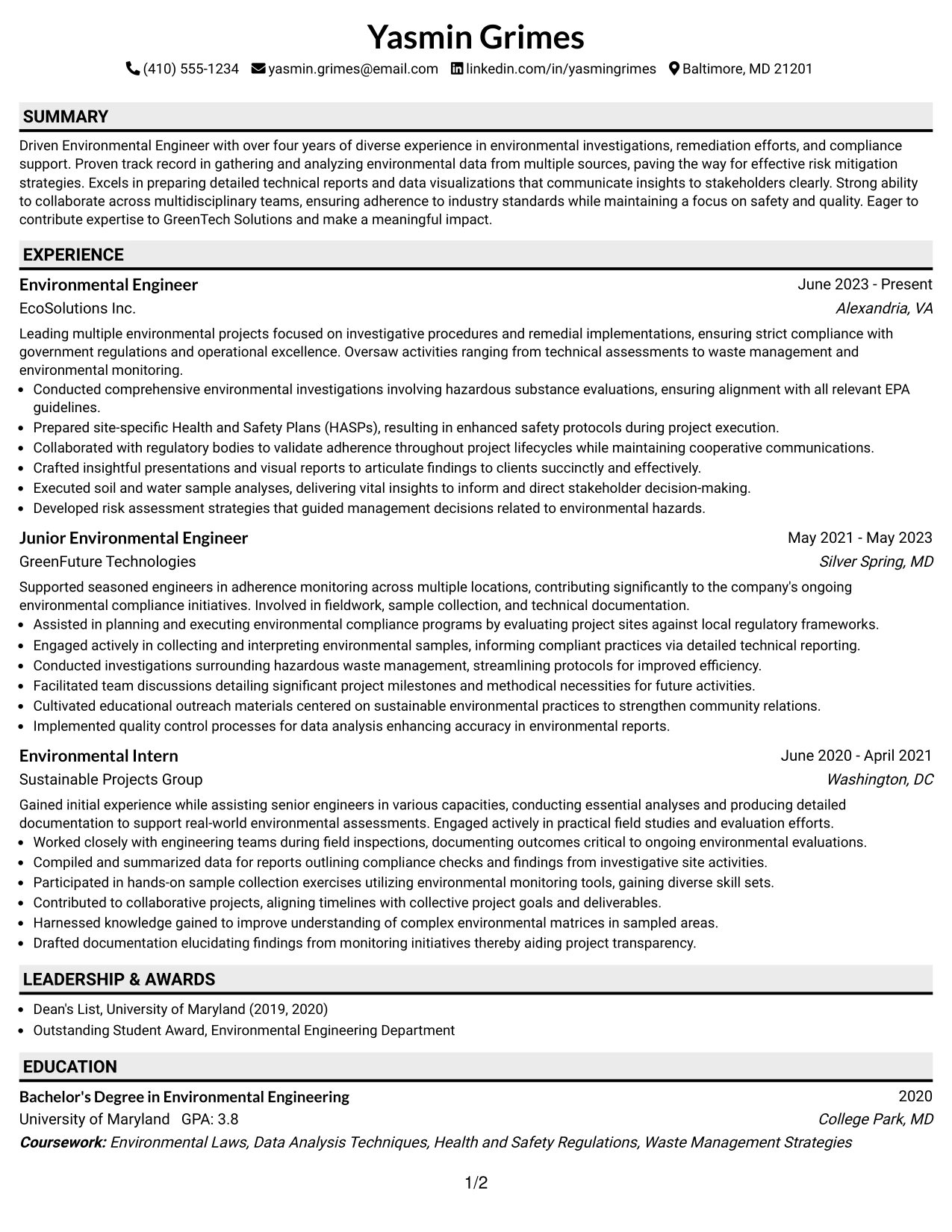 Resume Example Page 1
