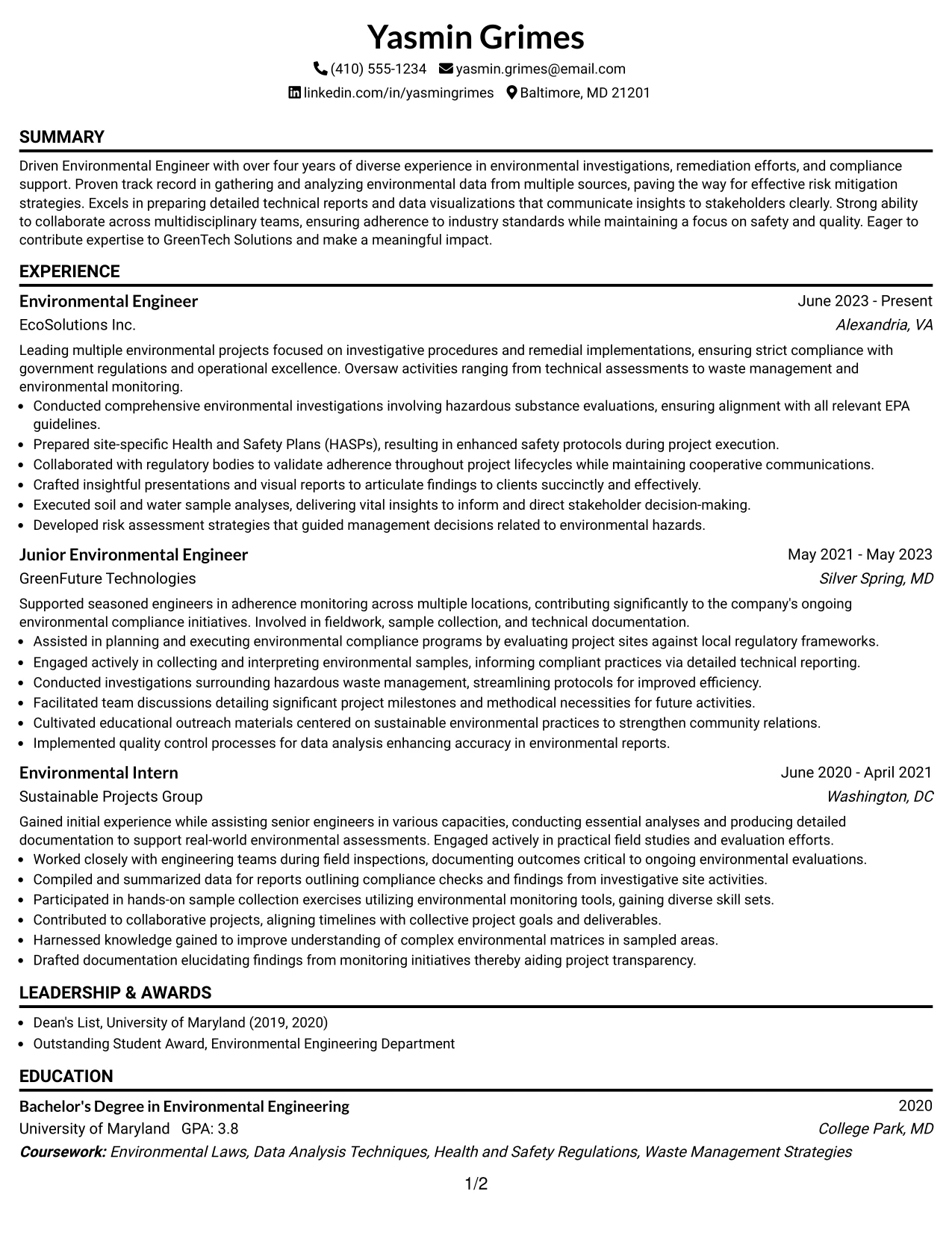 Resume Example Page 1