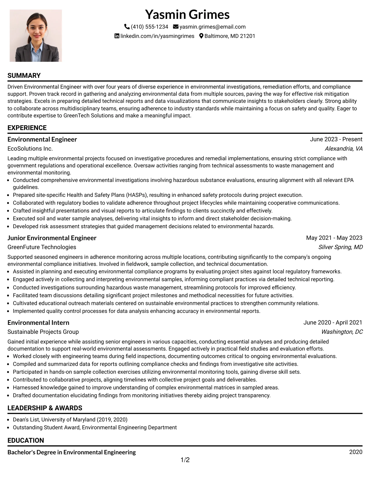 Resume Example Page 1