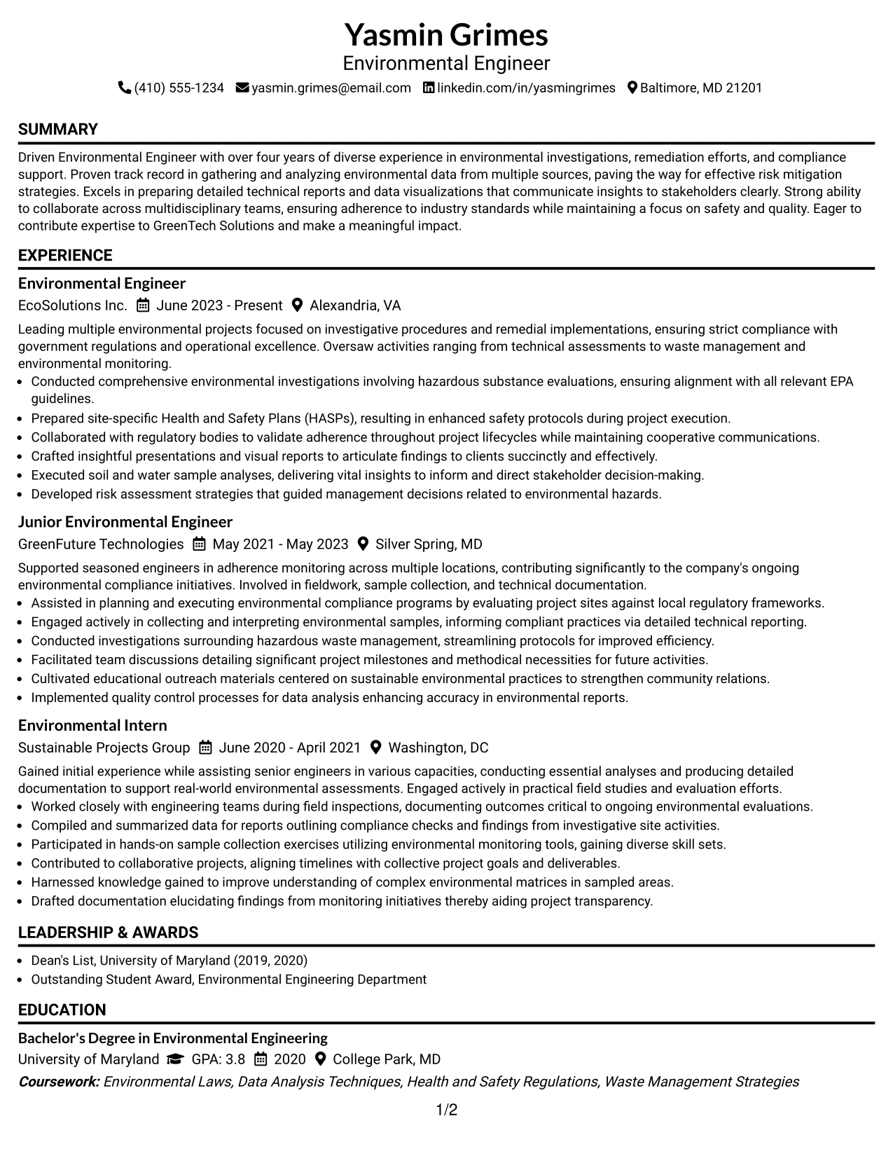Resume Example Page 1