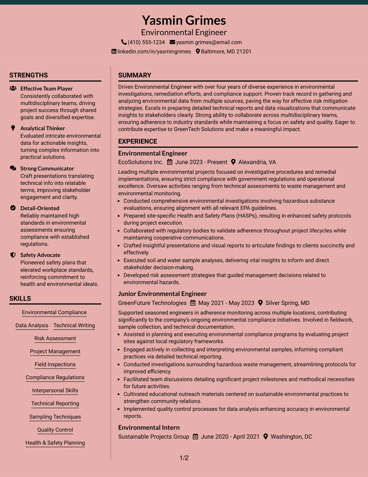 Resume Example Page 1
