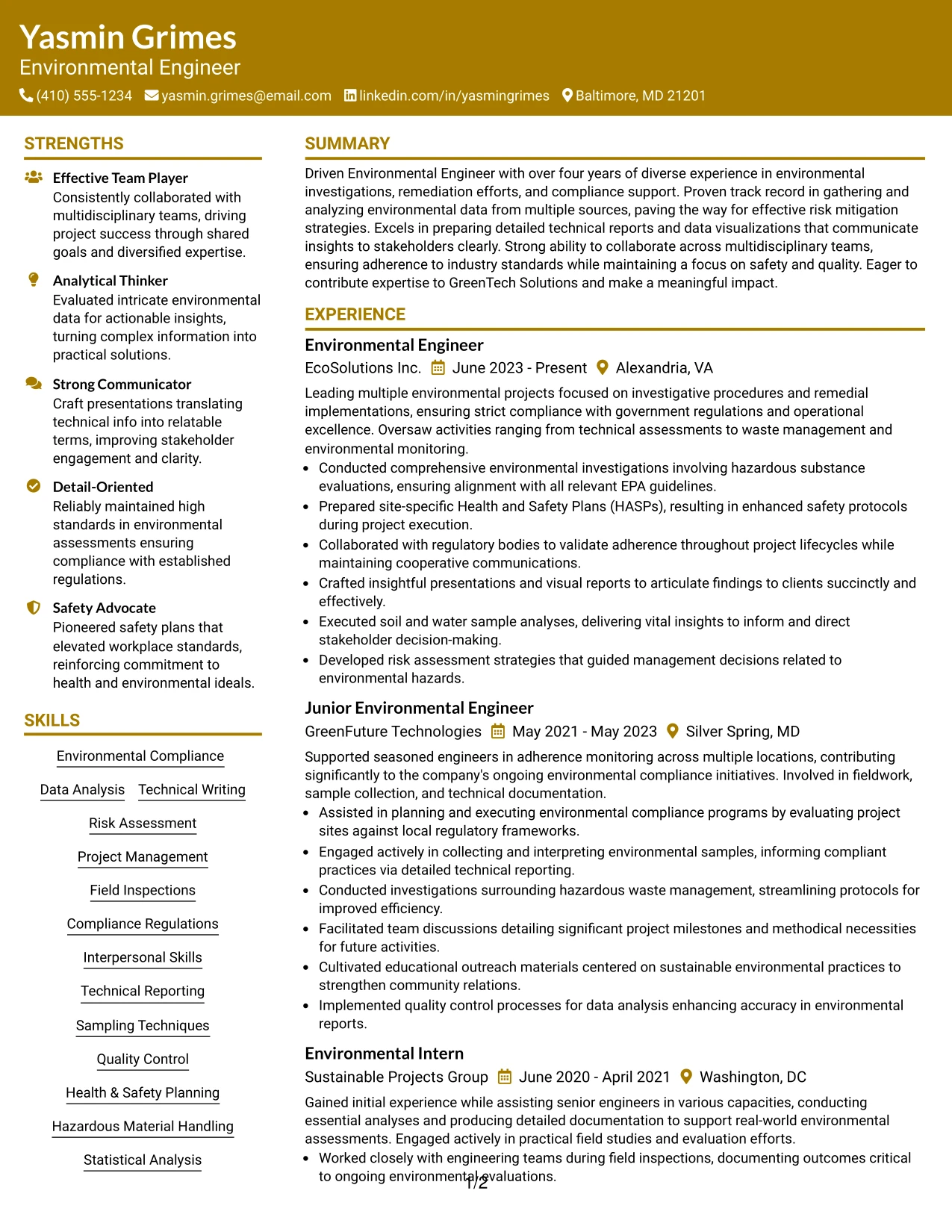 Resume Example Page 1