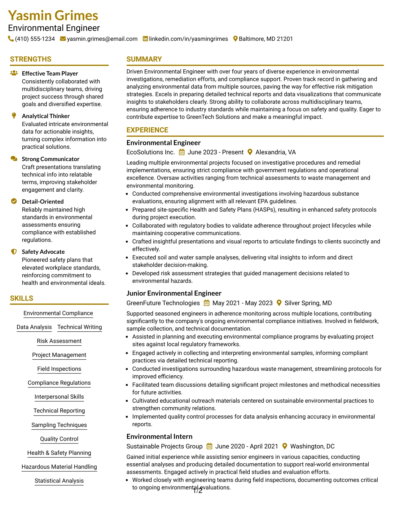 Resume Example Page 1