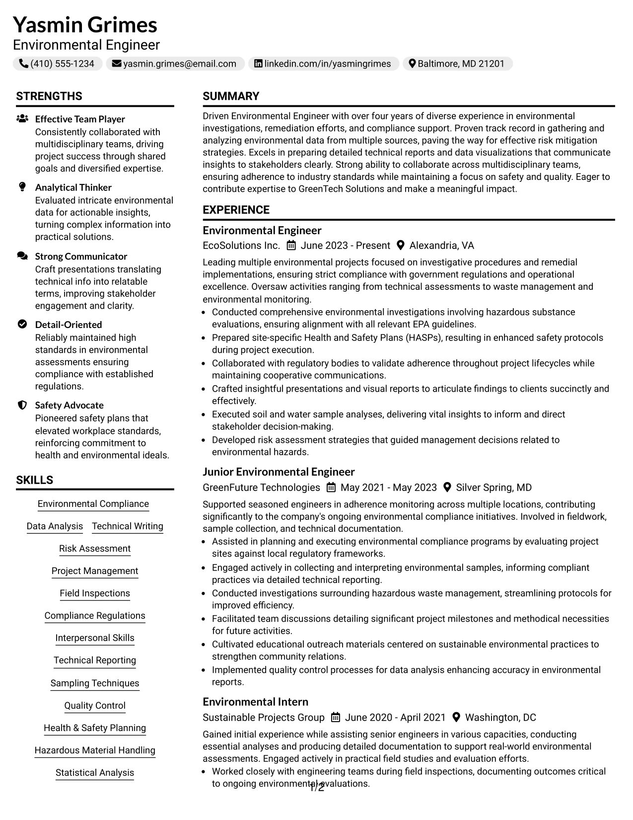 Resume Example Page 1