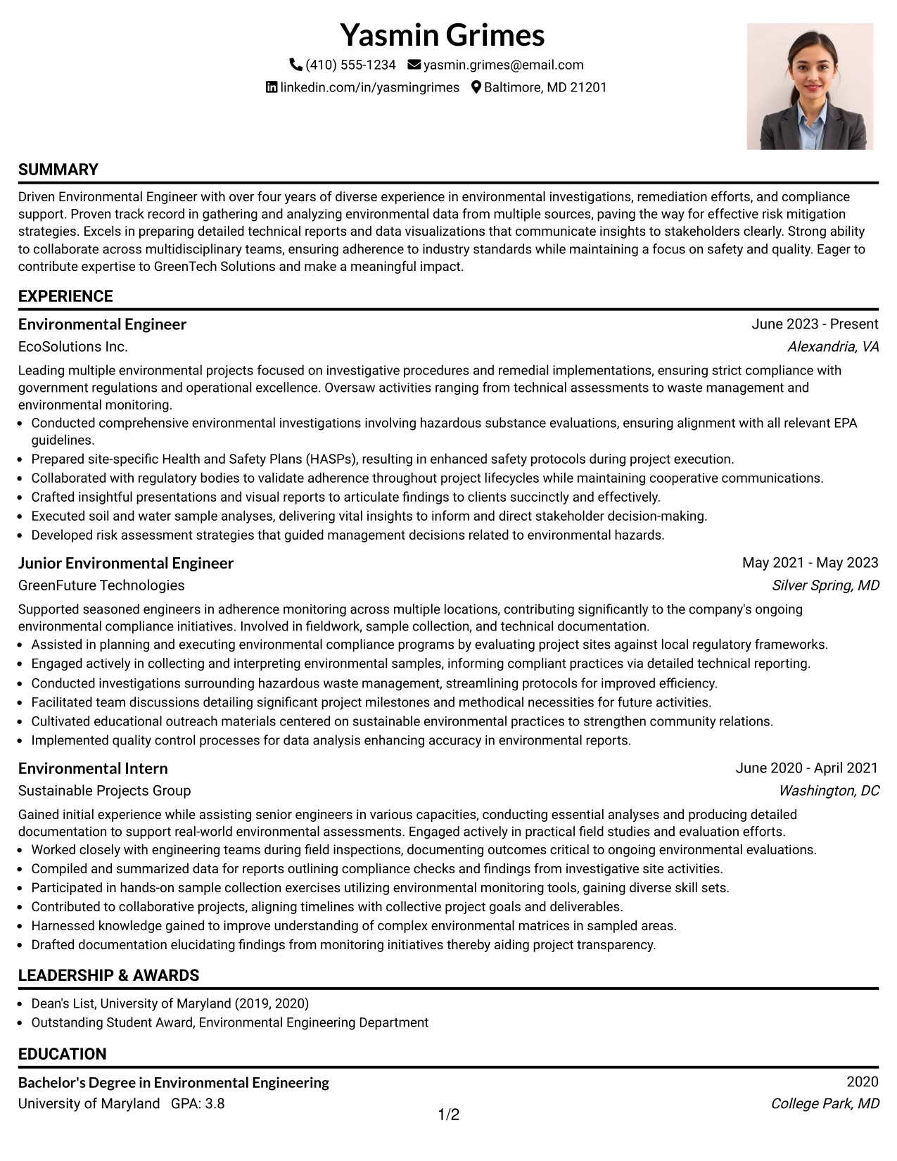 Resume Example Page 1