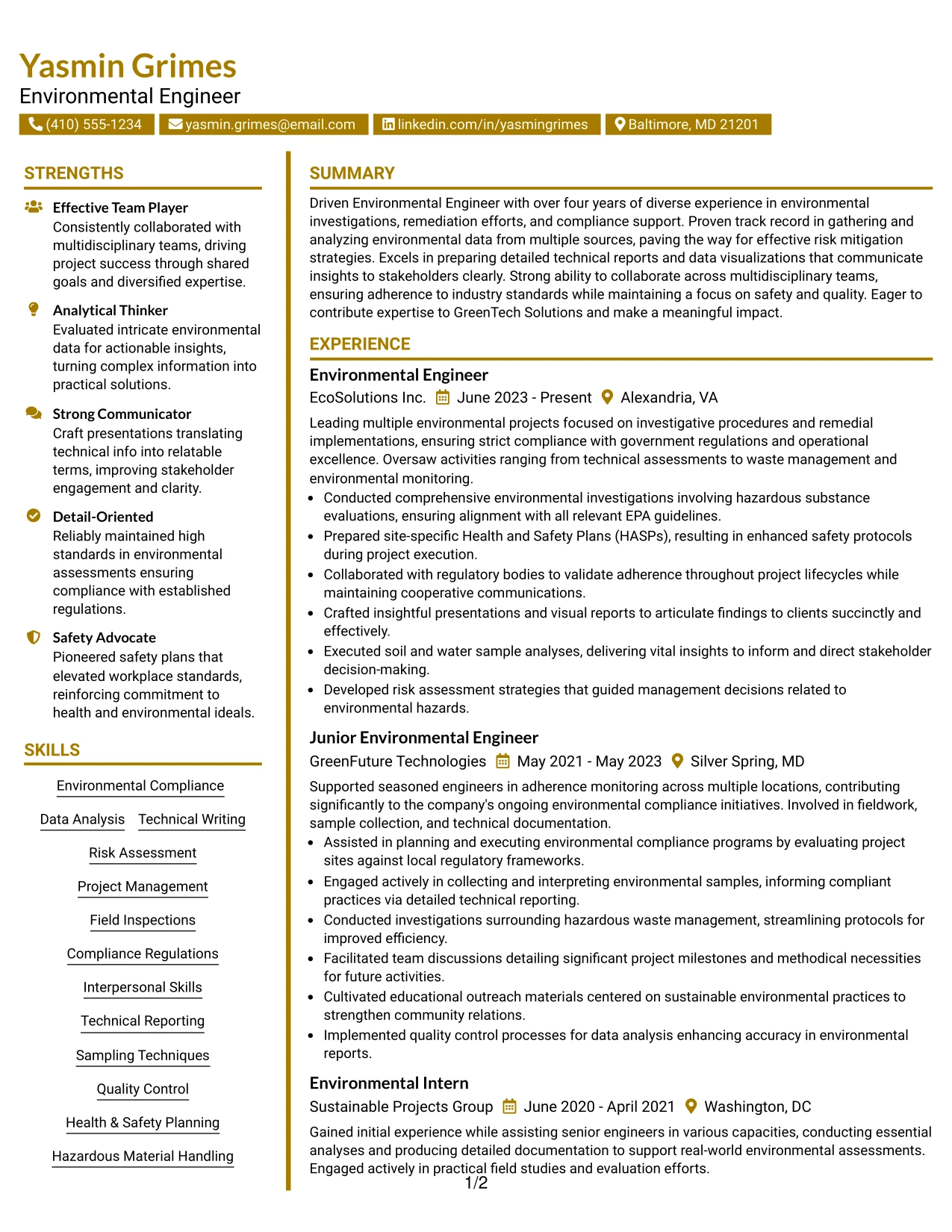 Resume Example Page 1
