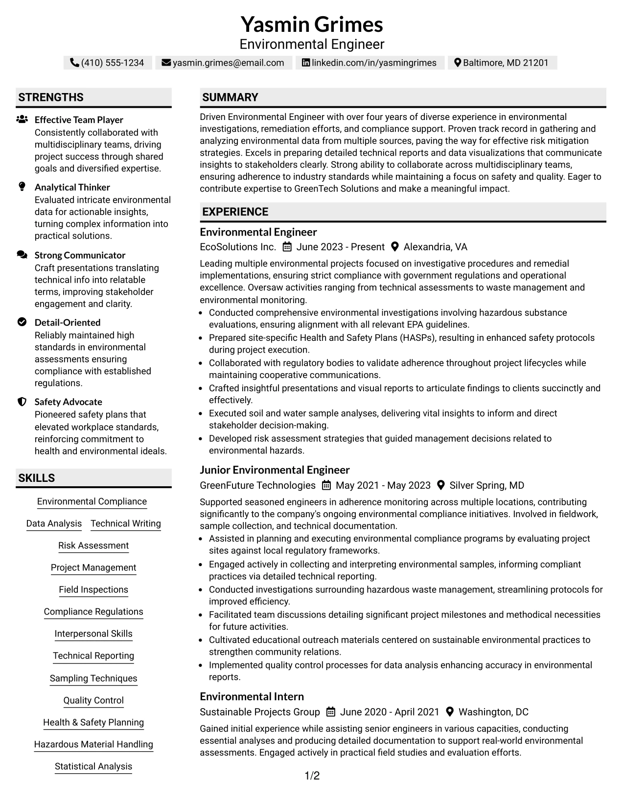 Resume Example Page 1