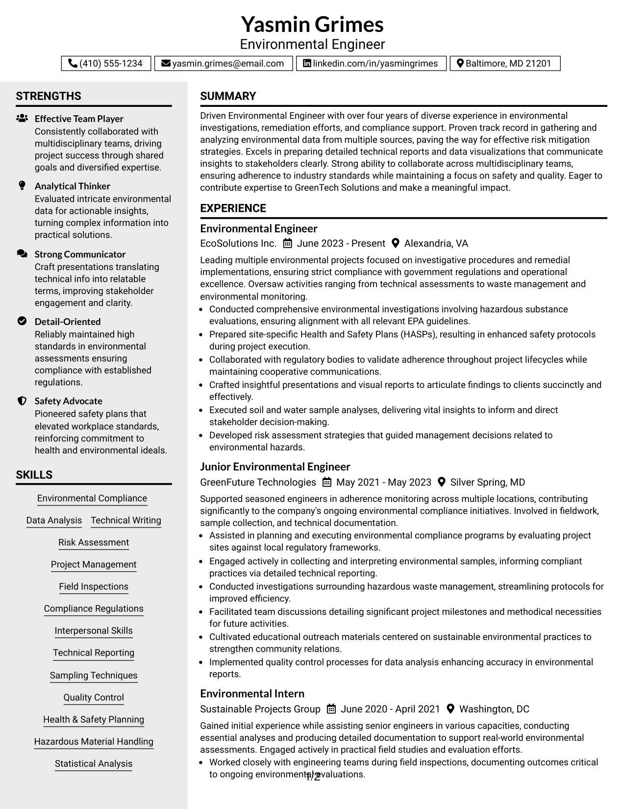 Resume Example Page 1