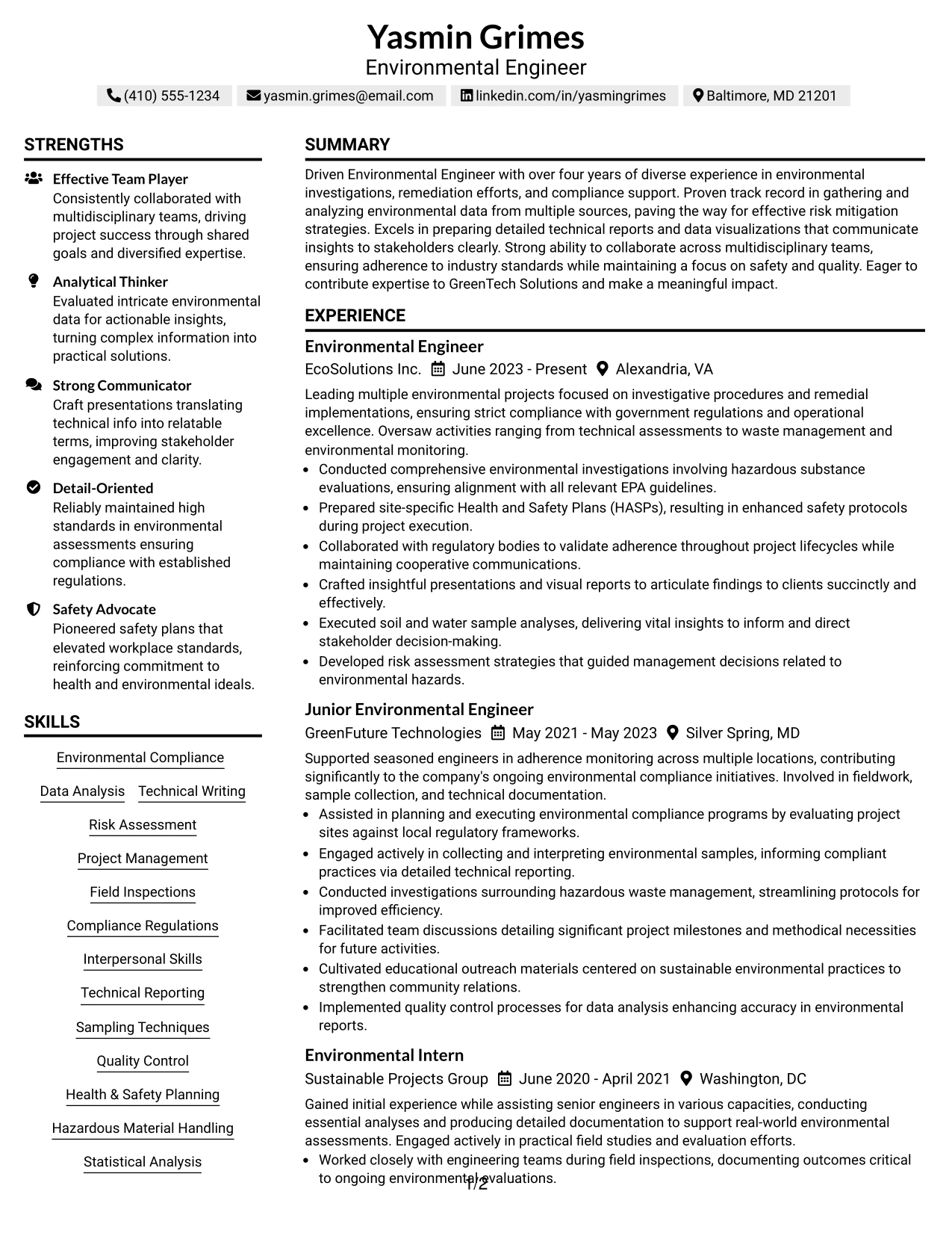 Resume Example Page 1