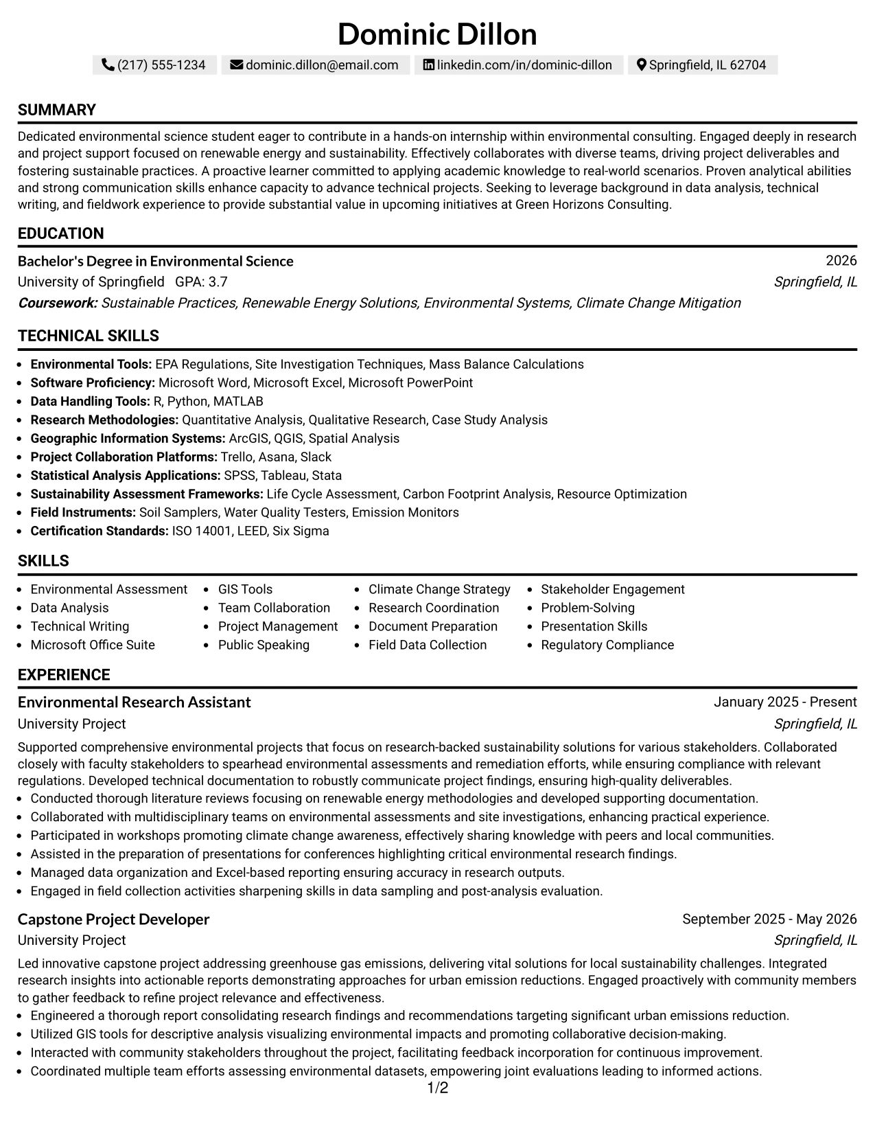 Resume Example Page 1