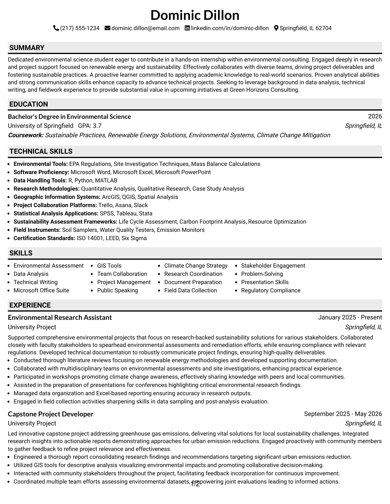 Resume Example Page 1