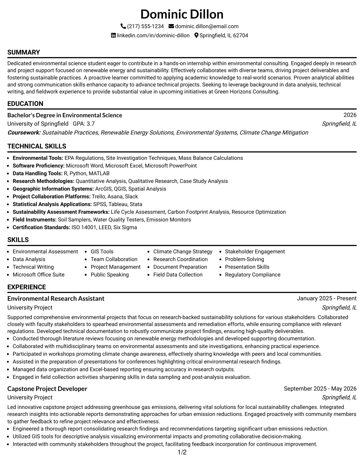 Resume Example Page 1