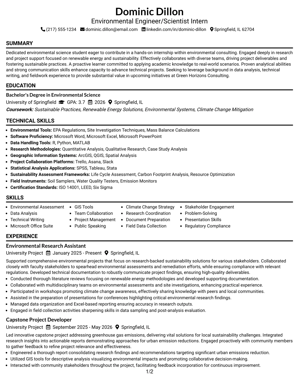 Resume Example Page 1