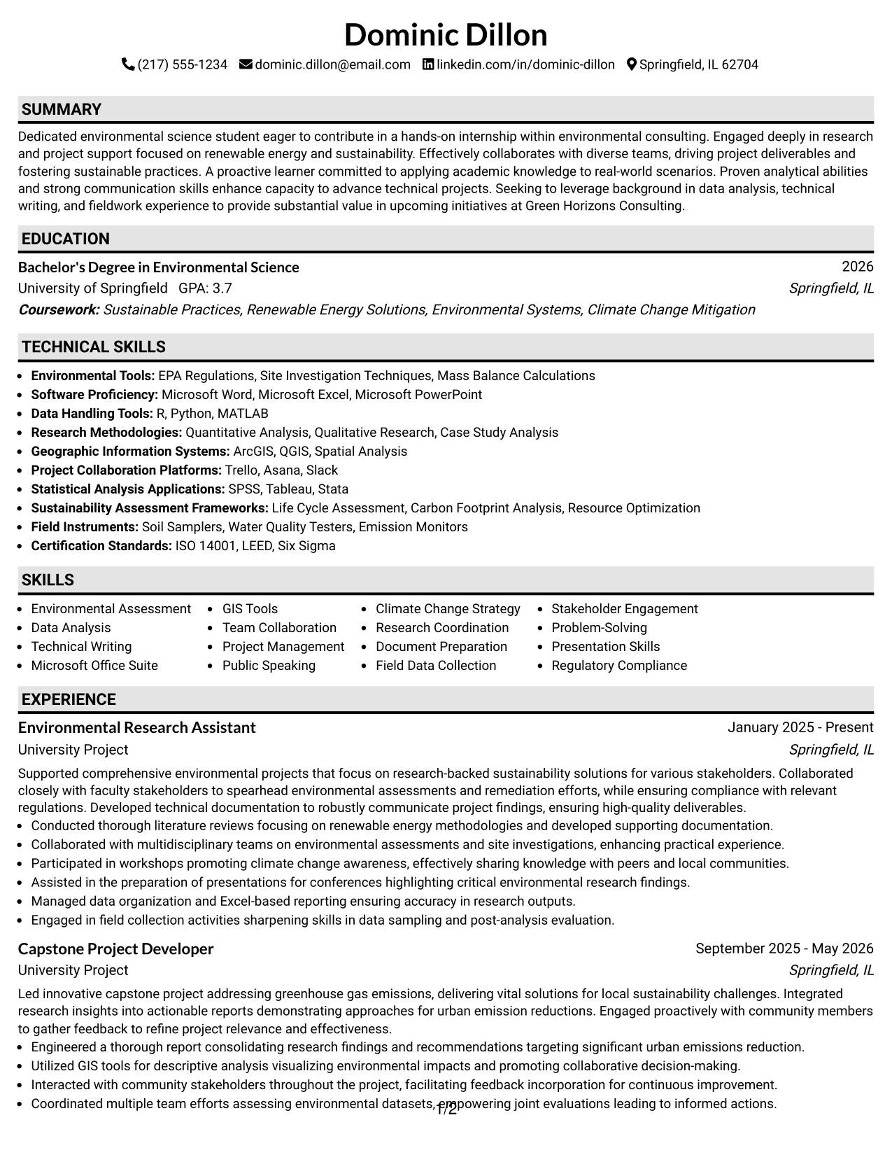 Resume Example Page 1