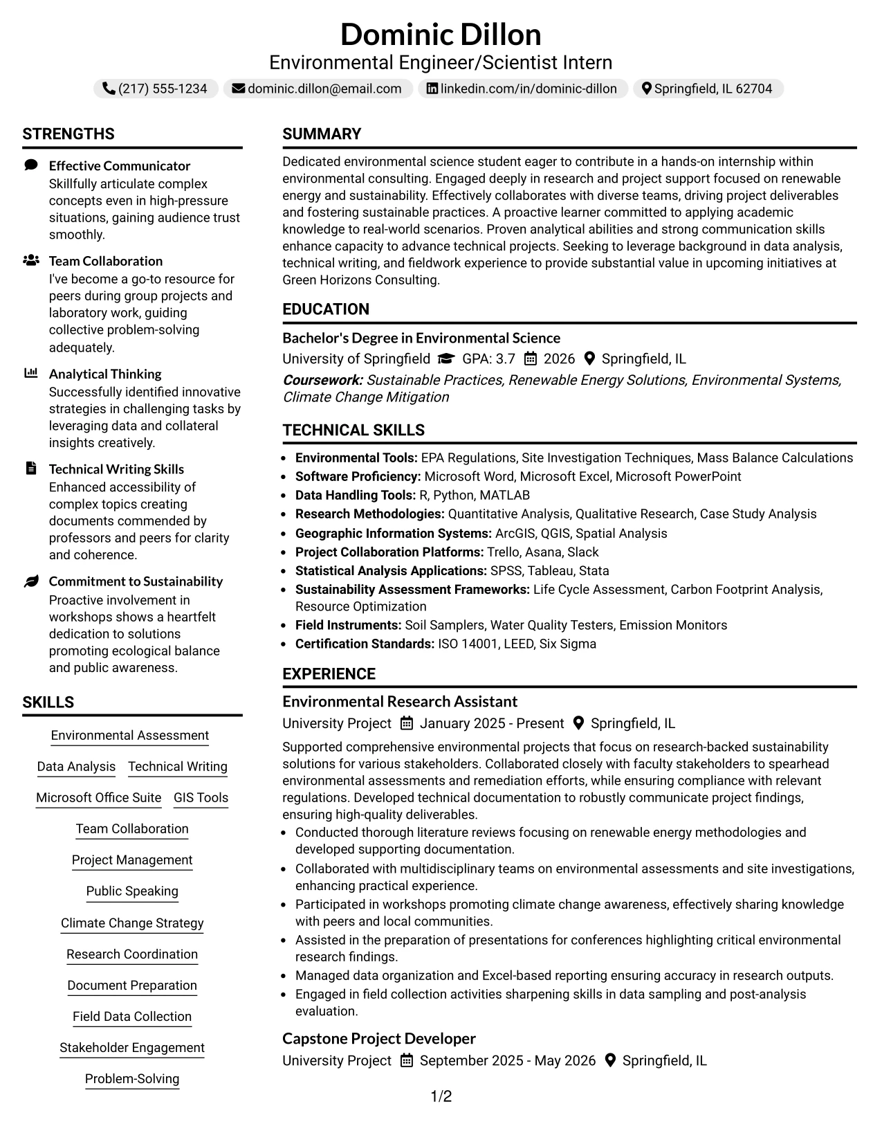 Resume Example Page 1