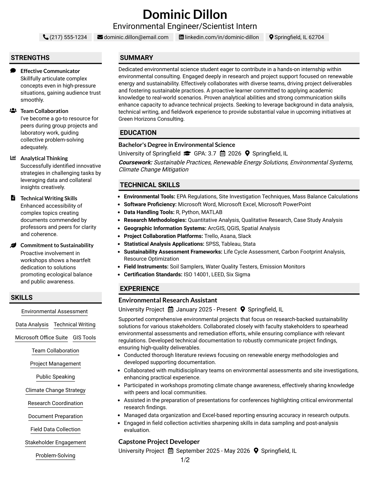 Resume Example Page 1