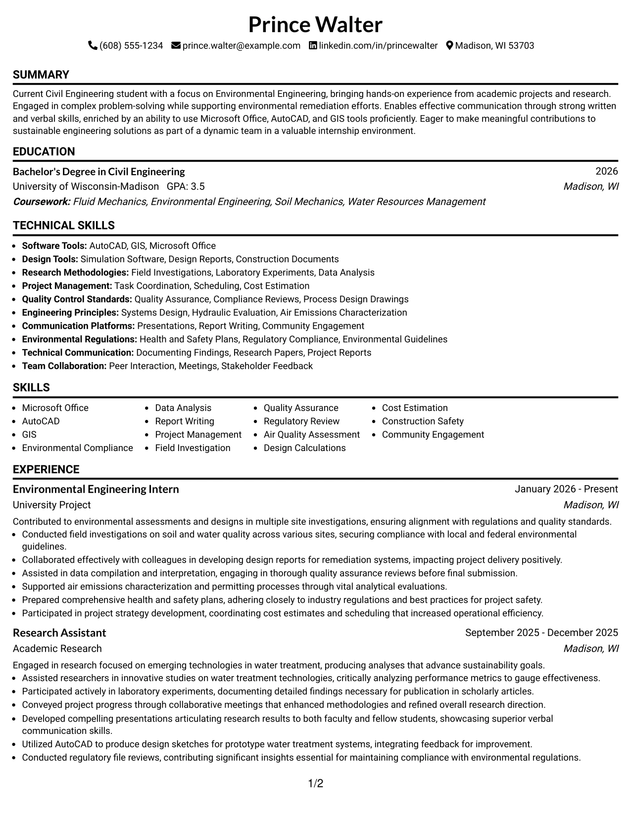 Resume Example Page 1