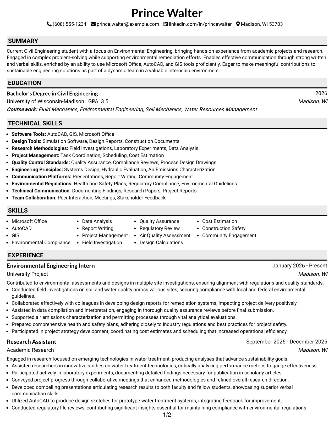 Resume Example Page 1