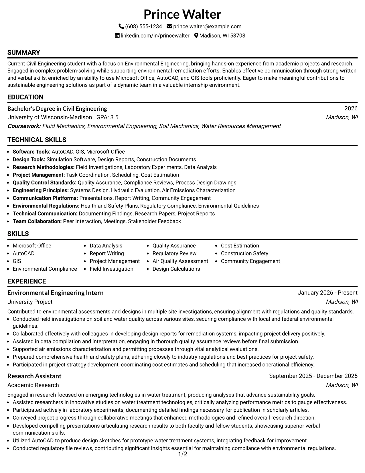 Resume Example Page 1