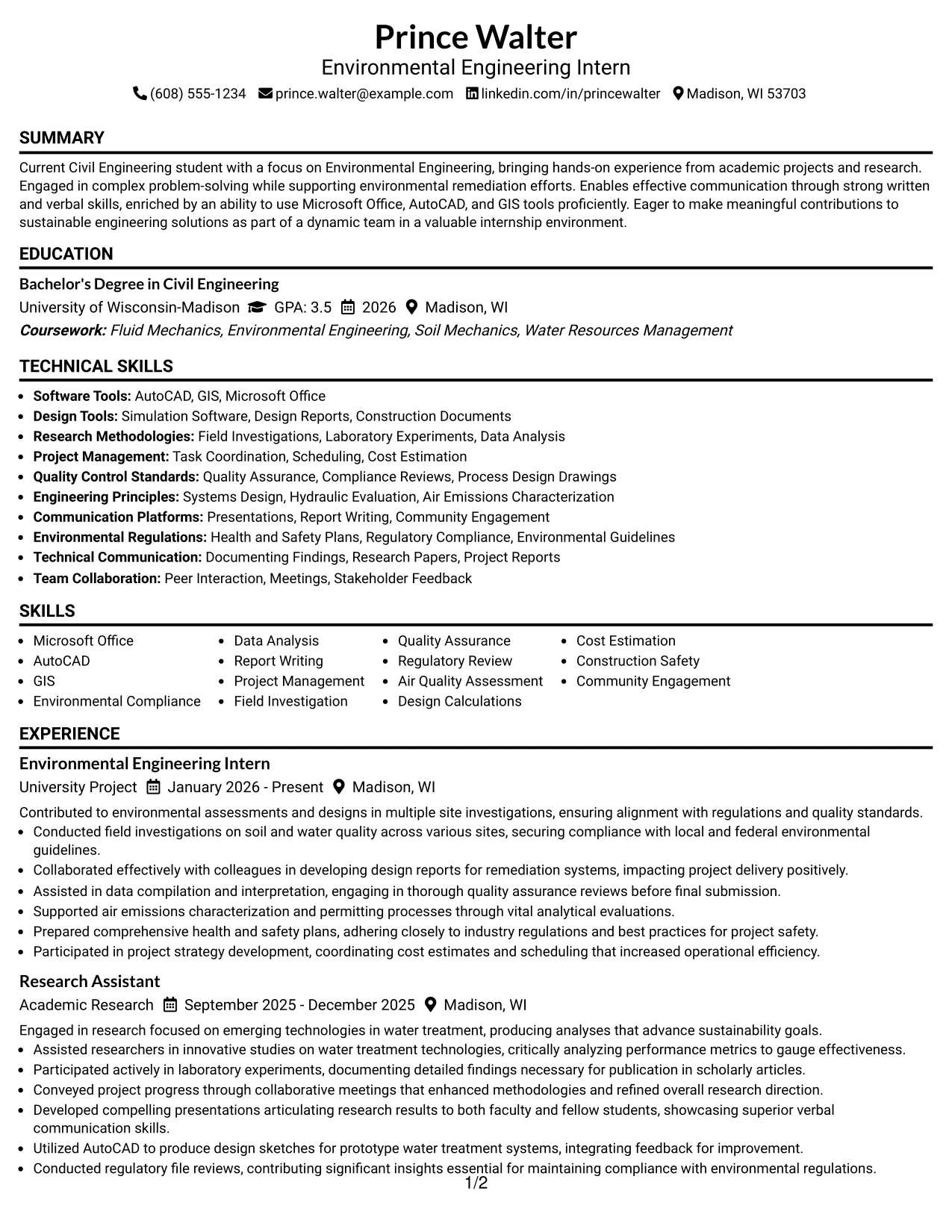 Resume Example Page 1