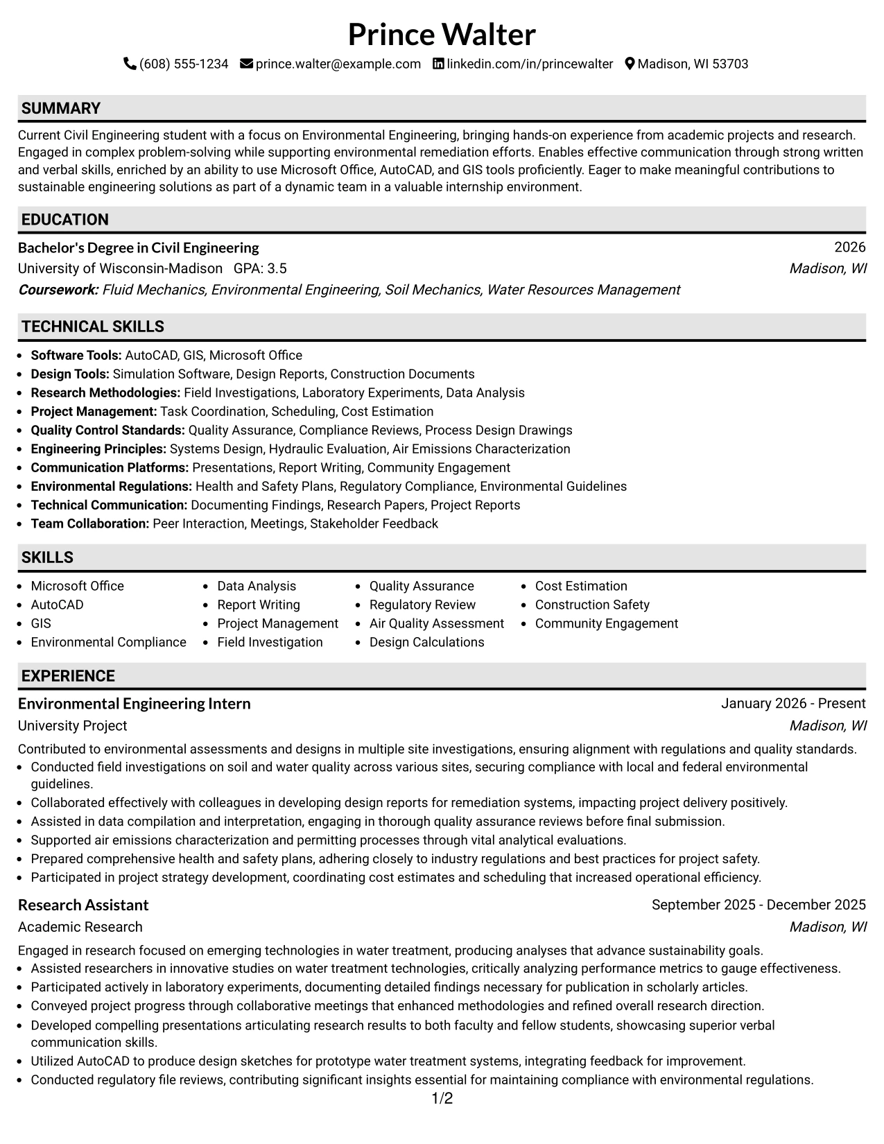 Resume Example Page 1