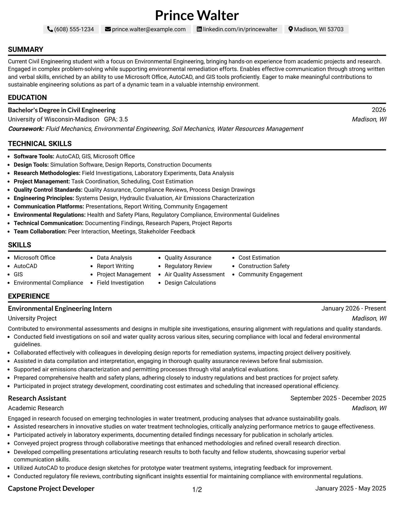 Resume Example Page 1