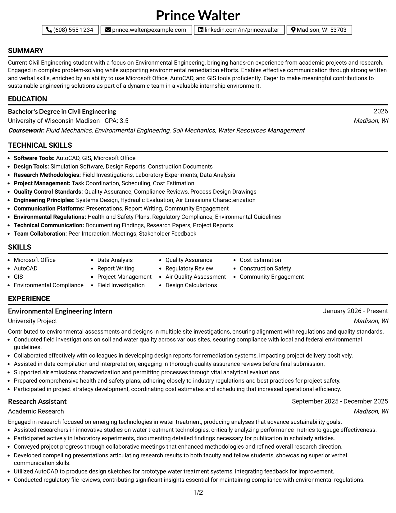 Resume Example Page 1