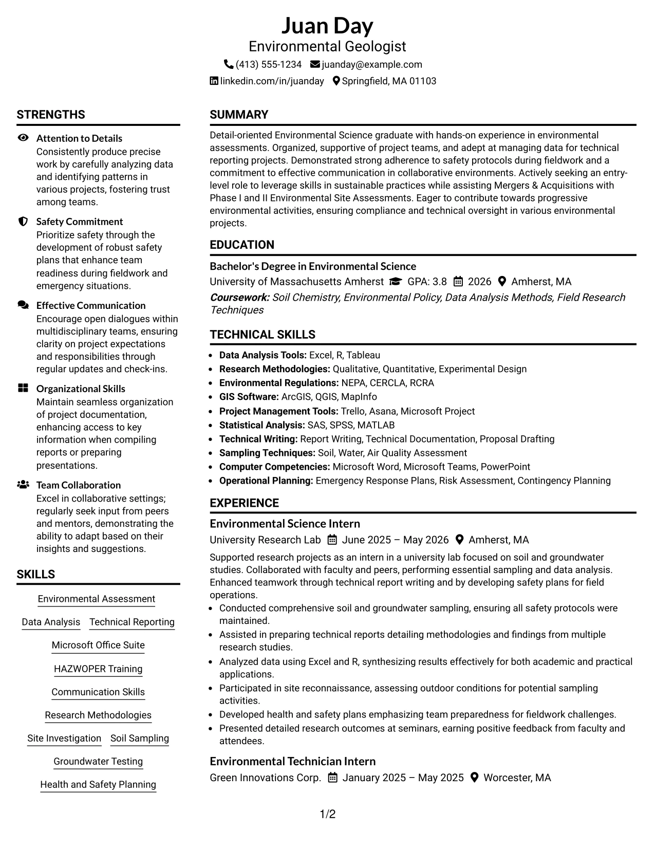 Resume Example Page 1