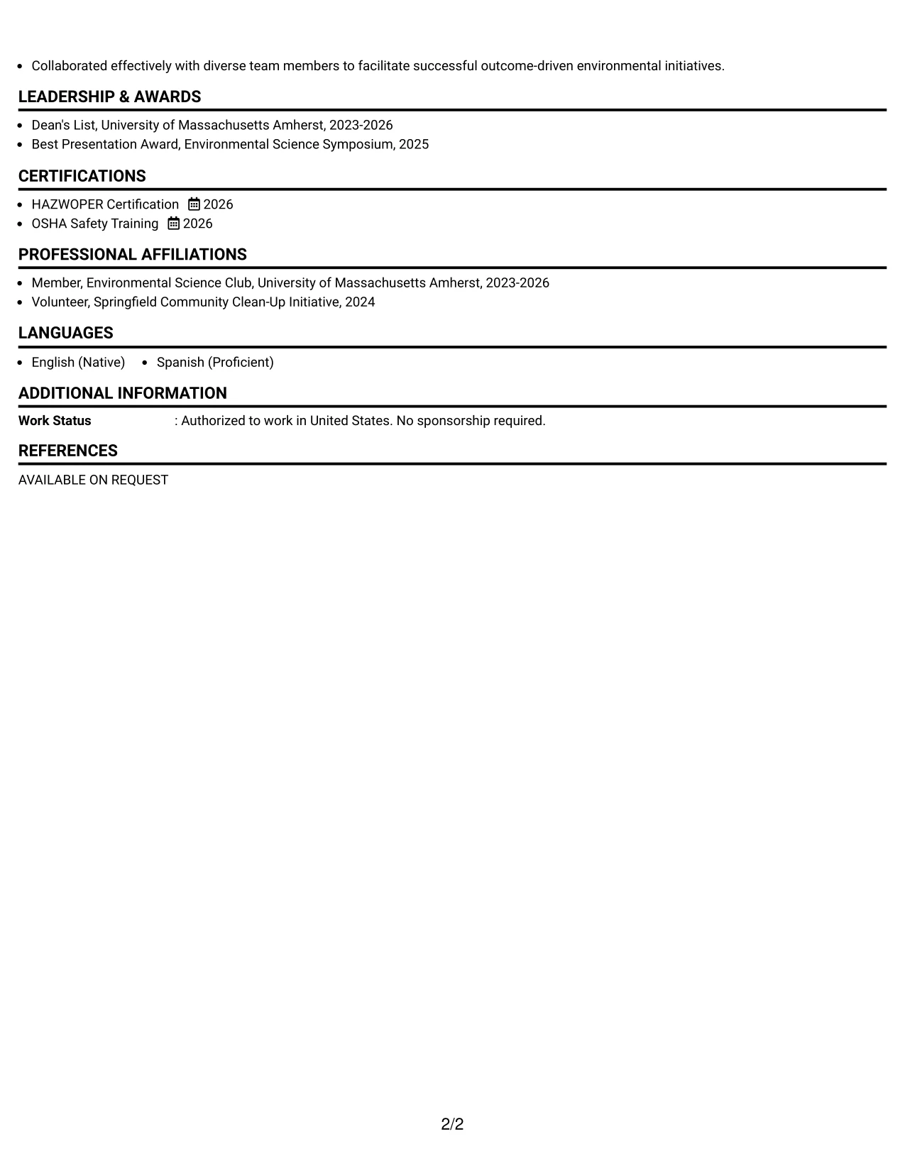 Resume Example Page 2