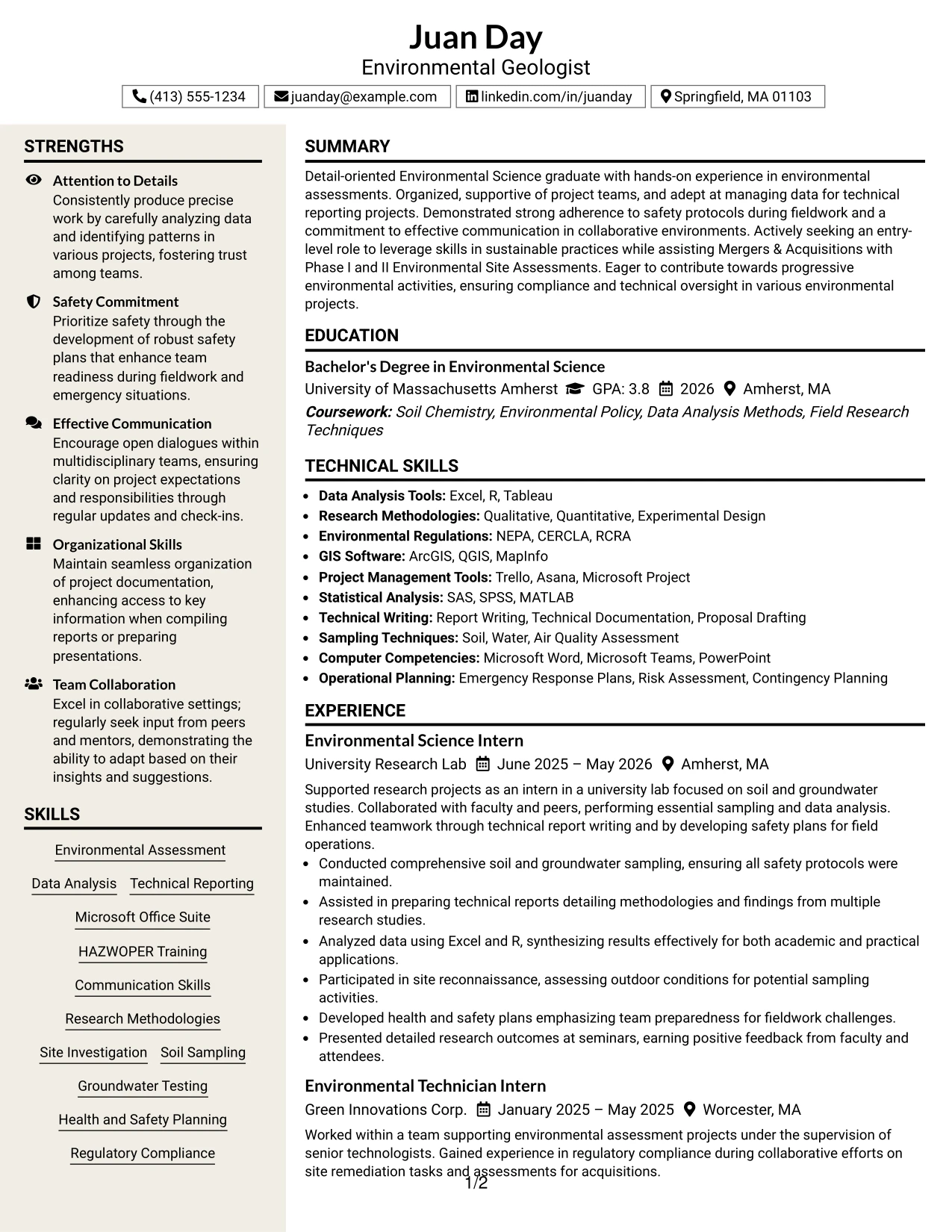 Resume Example Page 1