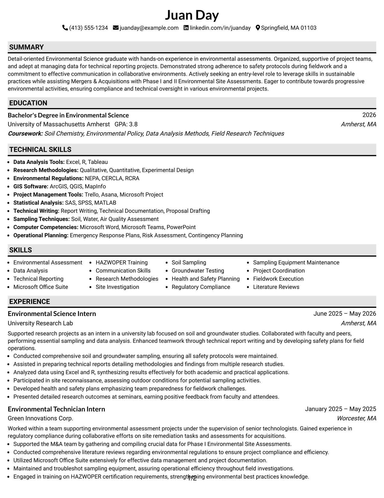 Resume Example Page 1
