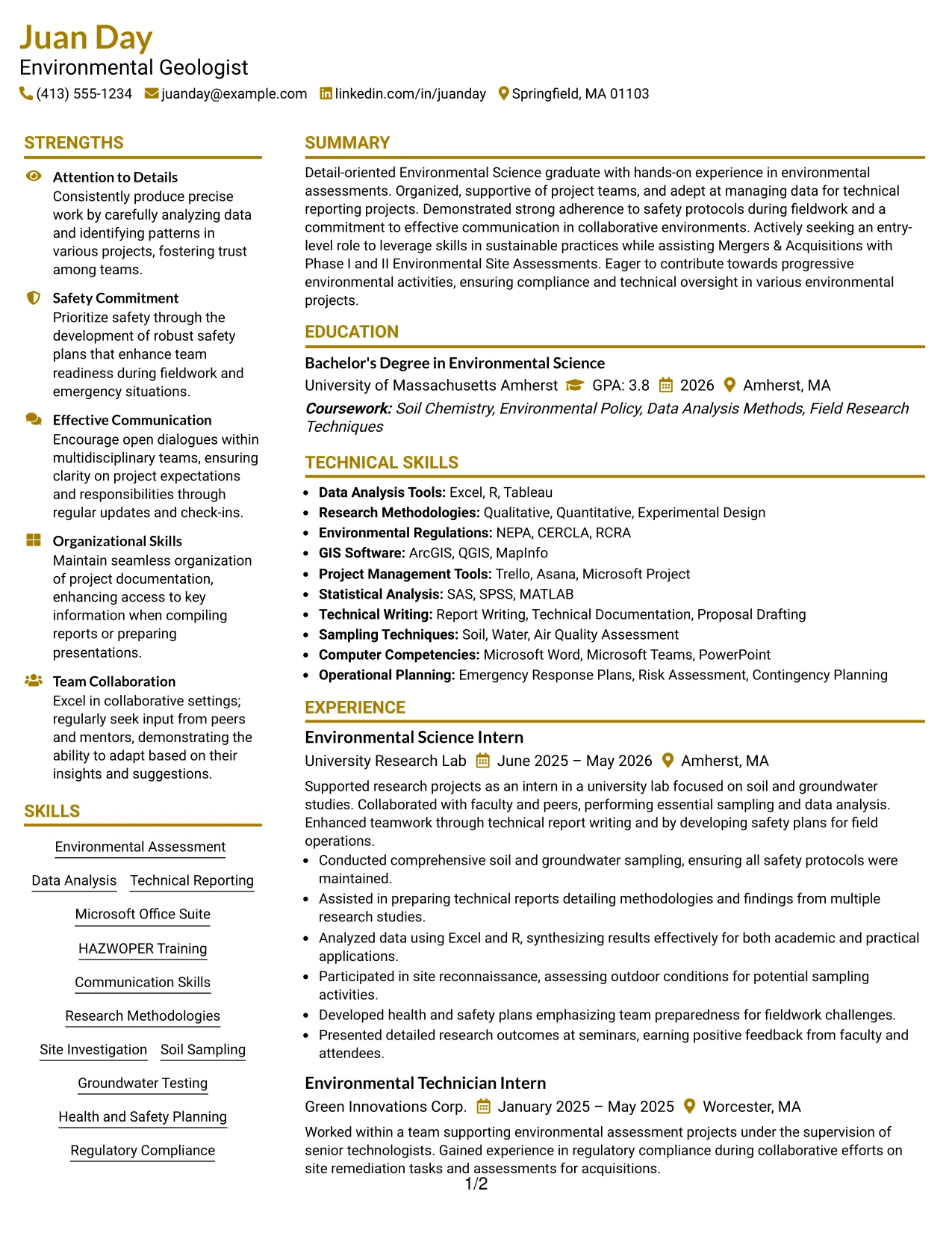 Resume Example Page 1